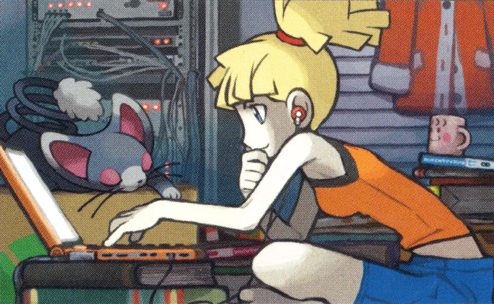Bebe at her workstation, typing on a laptop with a Glameow asleep beside her
